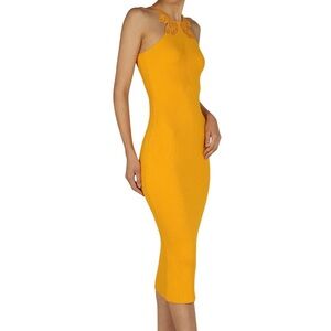 Self-Portrait Inserted Lace Knit Midi Dress Canary Yellow Bodycon Size Small